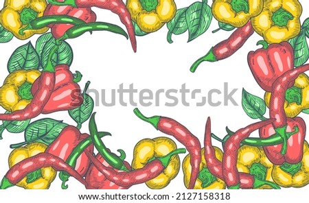 Pepper and Green Leaves Frame, Natural Vegetables Background. illustration