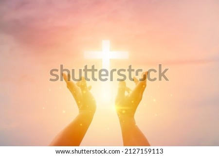 Human hands open palm up worship. Eucharist Therapy Bless God Helping Repent Catholic Easter Lent Mind Pray. Christian concept background. Royalty-Free Stock Photo #2127159113