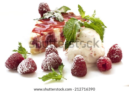 Composition with  berries cake and ice cream