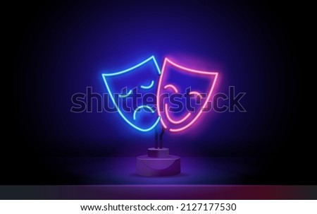 Theatrical mask neon sign. Glowing inscription with masks on dark background. Vector illustration can be used for festival, drama, performance Royalty-Free Stock Photo #2127177530