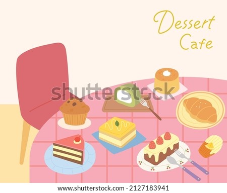 Plates of sweet desserts on a pink table. flat design style vector illustration.