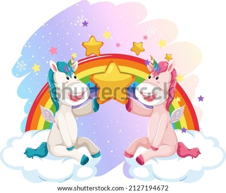 Two unicorns sitting on clouds with rainbow illustration