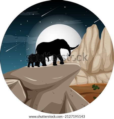 Elephant animal silhouette in savanna forest at night illustration