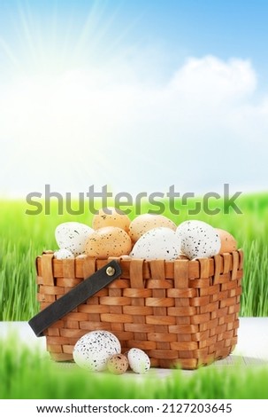 Easter greeting card with easter eggs in basket. With copy space