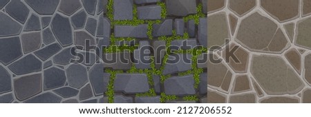 Game stone textures, seamless patterns of pavement, wall with rocks ivy or floor tiles top view. Textured natural backgrounds, realistic cobblestone surface, 2d ui or gui graphics, Vector layers set Royalty-Free Stock Photo #2127206552