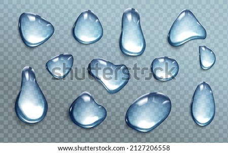 Blue water drops isolated on transparent background. Vector realistic set of clear liquid droplet different shapes, pure water dew, condensation on cool glass surface or rain on window Royalty-Free Stock Photo #2127206558