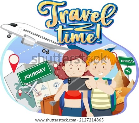Travel Time typography logo with travelers couple illustration