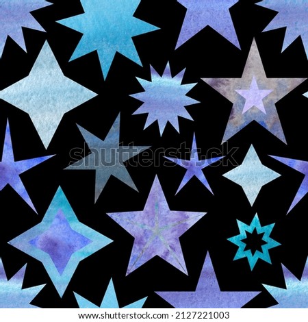 Watercolor seamless pattern of blue stars. Space sky print