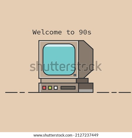 Print for T-shirts in the style of the 90s. Old computer in flat graphic style  Royalty-Free Stock Photo #2127237449