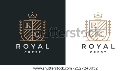 Elegant royal crest heraldry logo. Vintage heraldic business monogram emblem line icon. Coat of arms royalty crown shield symbol. Vector illustration.