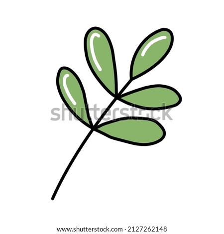 Green curved grass twig with leaves. Plant sprig or sproutIsolated on white. Flat design. Vector illustration. Nature symbol