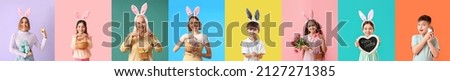 Group of people with Easter eggs on color background Royalty-Free Stock Photo #2127271385