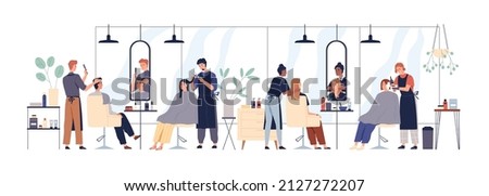 Hairdressers, barbers and customers during hair care, makeover in beauty salon. Hairstylists doing haircuts for people clients, men and women. Flat vector illustration isolated on white background Royalty-Free Stock Photo #2127272207
