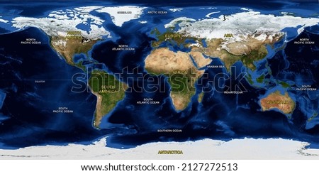 Earth flat view from space. Detailed flat World physical map on global satellite photo, Panoramic planet map surface, for education, HD Earth continents. Elements of this image furnished by NASA