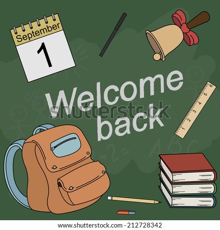 Vector cartoon style color school icons: calendar, bell, pencil, pen, eraser, ruler, schoolbag, books with sign Welcome back 