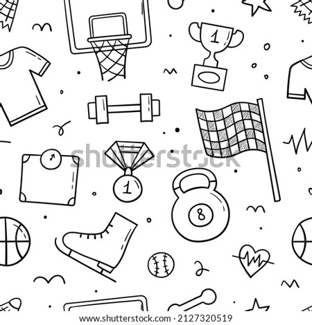 Hand drawn seamless pattern with Sports theme items. Doodle sketch. Vector illustration for background design.