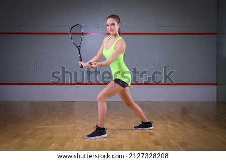 Image of a woman playing squash. Sports concept. Mixed media