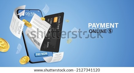 Bill of expenses is on mobile phone.Pay bills with mobile phone.Online shopping spending.Online shopping via smartphone.Bill payment flat isometric vector concept of mobile payment, shopping, banking. Royalty-Free Stock Photo #2127341120