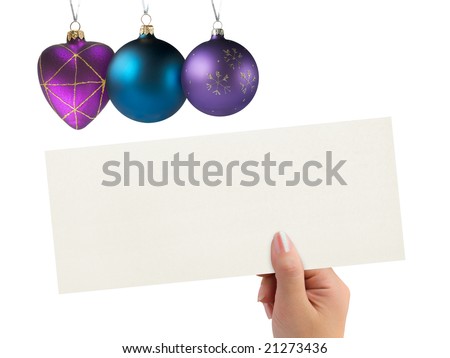 Christmas greeting card in hand isolated on white background