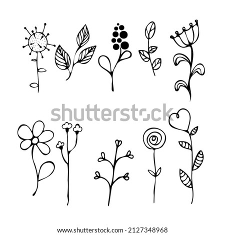 Doodle style vector illustration. Set of simple elements of flowers and plants.