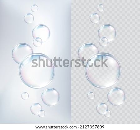 Flying transparent vector soap bubbles on abstract background. Colorful glass ball or sphere template