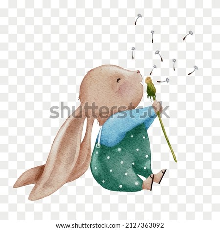 Cute Rabbit blowing dandelion flower water colour hand paint,Cartoon hand drawn bunny character element for Easter greeting card, Spring, Summer poster, Vector illustration on transparent background