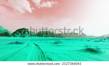 Abstract space with sand and rocks. Modern pacific pink and lime green colors light spectrum. Mysterious cosmic landscape, virtual reality. Royalty-Free Stock Photo #2127366065