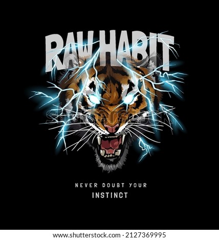 raw habit slogan with tiger and thunder both vector illustration on black background Royalty-Free Stock Photo #2127369995