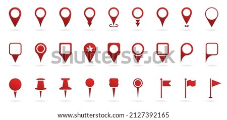 Red Location Pins Sign. Pointer Navigation Symbol. Flag Mark, Thumbtack Sign. Red GPS Tag Collection. Set of Marker Point on Map, Place Location Pictogram. Isolated Vector Illustration. Royalty-Free Stock Photo #2127392165