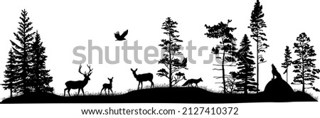 Set of silhouettes of trees and wild forest animals. Deer, fawn, doe, fox, wolf, owl, bird of pray, squirrel. Black and white hand drawn illustration. 
