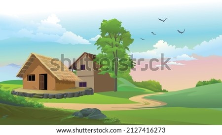 Indian village farm old house rural house with cloud green background Royalty-Free Stock Photo #2127416273