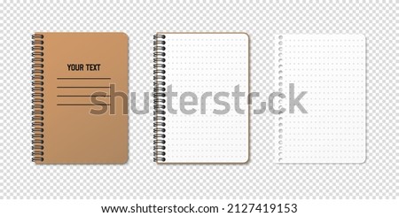 Vertical spiral spring notepad with space for your image or text on transparent background in three variations. Dotted sheet. Notebook vector clipart illustration. Top view