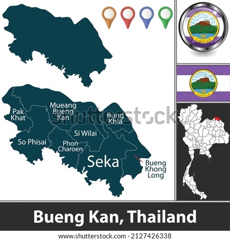 Map of Bueng Kan province with districts and location on Thai map. Vector image Royalty-Free Stock Photo #2127426338