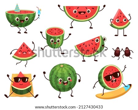 Funny watermelon slices characters with cartoon smile faces. Cute fruit in sunglasses surf. Summer time party. Comic watermelons vector set. Illustration of fruit watermelon, sweet and healthy Royalty-Free Stock Photo #2127430433