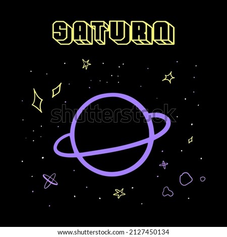 Saturn and the stars. Funny space print. Line art. Print for T-shirts, notebooks, covers, bags, mugs, postcards, textiles. Isolated on a black background.