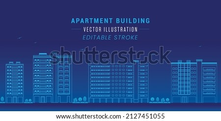 Outline or Stroke of Futuristic Modern Apartment Building. Blue colour theme Line Drawing Vector Illustration. Royalty-Free Stock Photo #2127451055