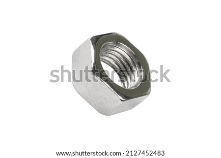 Macro shot metal nut isolated on white background. Chromed screw nut isolated. Steel nut isolated. Nuts and bolts. Royalty-Free Stock Photo #2127452483