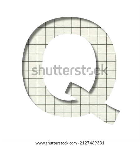 Letter Q cut out of white paper on the background of a school notebook in a cage, a school or educational decorative font