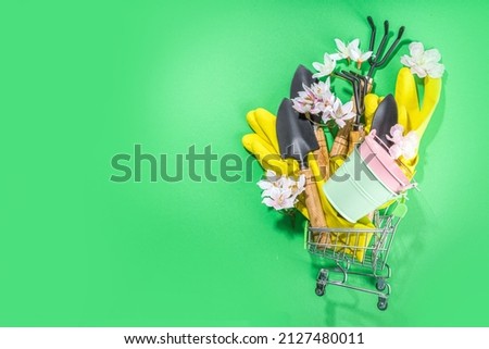 Spring gardening sale flatlay, supermarket shopping trolley  with gardening tools and herbs, seedlings, garden mittens, spring flowering tree branches top view copy space