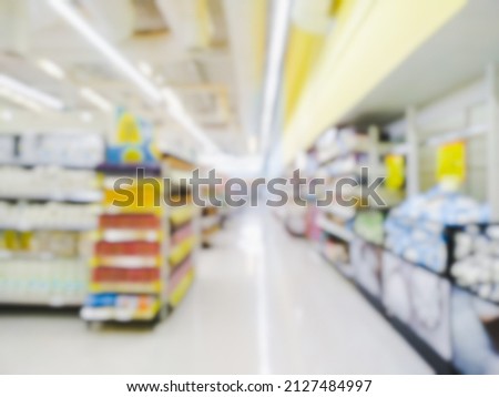 Blurred bokeh products on the shelves of supermarket malls or shopping centers for text.