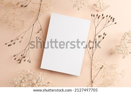 Greeting or invitation card mockup with dry natural plants twigs on beige background Royalty-Free Stock Photo #2127497705