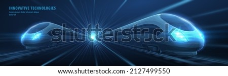 Two trains moving from light shine on high speed intercity railway. Train logistic, digital futuristic technology, future electric city transport, innovate technology, subway way concept. 3d on blue Royalty-Free Stock Photo #2127499550