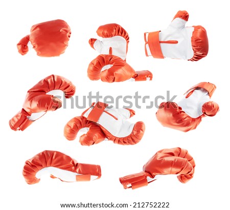 Red and white boxing gloves isolated over the white background, set of multiple different foreshortenings and compositions