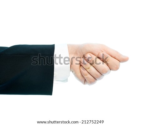 Dressed in a business suit caucasian male hand gesture, high-key light composition isolated over the white background