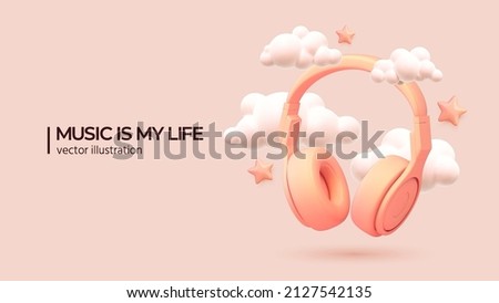 3D Realistic headphones in trendy color around the clouds and stars. Realistic object for music or game concept, poster design, flyer, website. Royalty-Free Stock Photo #2127542135
