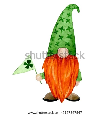 watercolor drawing. illustration for  st patrick's day. cute gnome, leprechaun in green clothes with a four-leaf clover. clipart character.