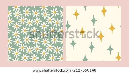 Set of seamless pattern with daisy and stars. Boho hand drawn texture background with chamomile. Fabric textile print. Design for surface design, cover and wrapping paper.