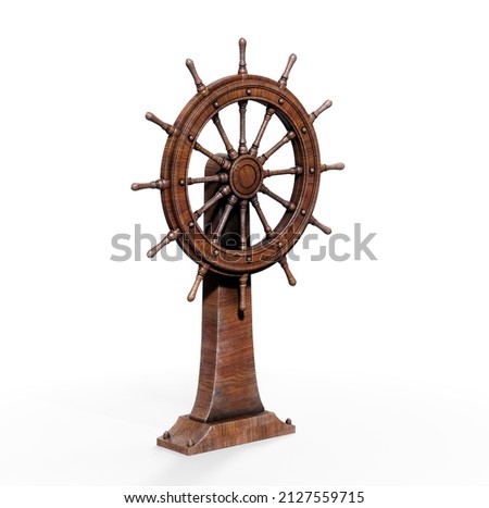 The boat steering wheel is surrounded by Pirate ship, card chest, cannon and compass on the beach.-3d rendering. Royalty-Free Stock Photo #2127559715