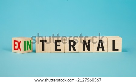 External and internal on wooden cubes, dice or blocks showing the words external and internal on blue background.Business concept.