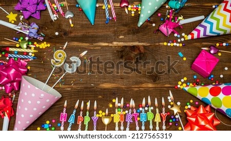 Top view of decoration birthday copy space. Happy birthday for ninety-three years old. Beautiful congratulations for 93 years Royalty-Free Stock Photo #2127565319